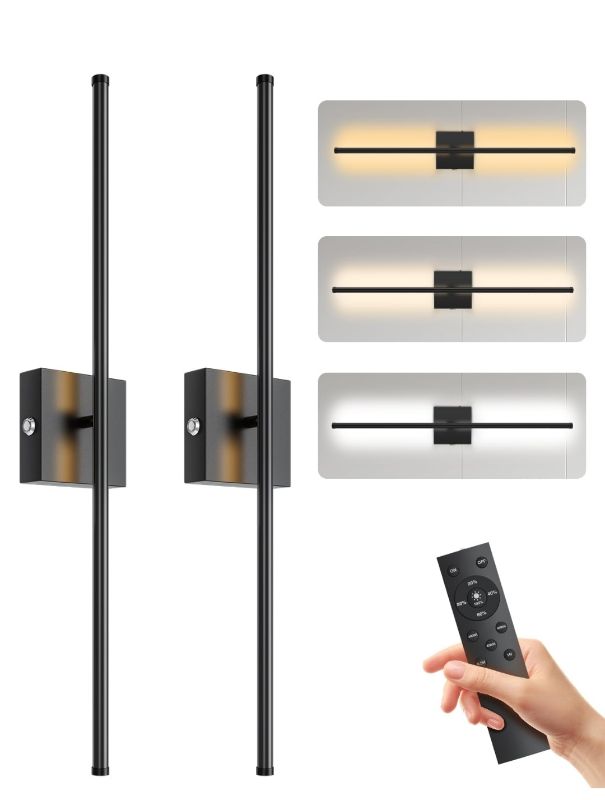 Photo 1 of 28.3" Battery Operated Wall Sconces Set of Two, 3 Color Dimmable, 15000mAh Rechargeable Wall Sconces Set of 2 with Remote Control, Wireless Wall Lights for Bedroom, Living Room, Hallway