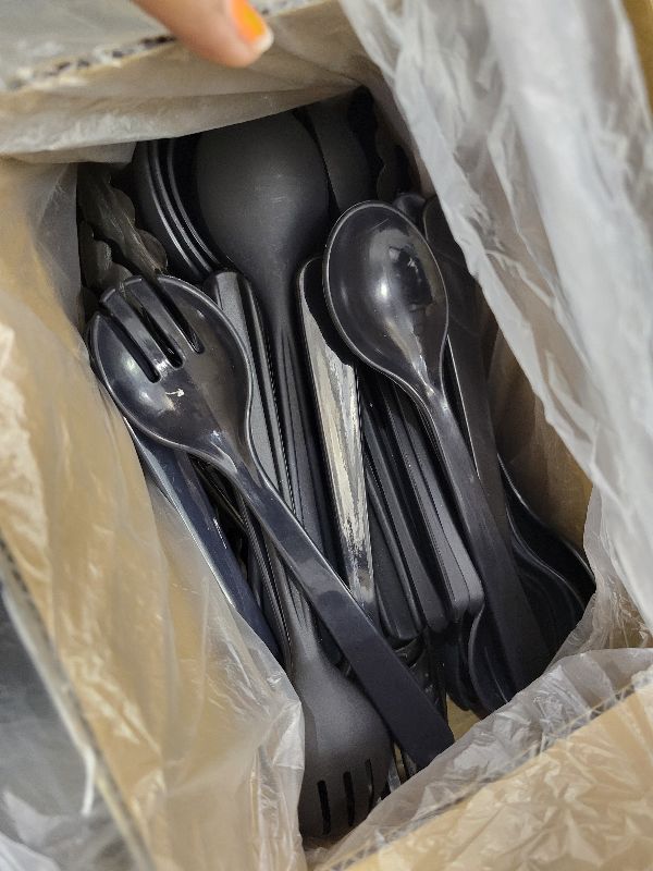 Photo 1 of 36 PCS Disposable Serving Utensils for Party - 12 Set Including Black Plastic Spoons, Tongs and Forks