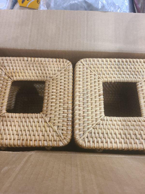 Photo 1 of 2 Pcs Rattan Tissue Box Cover 5.7" x 5.7" x 5.7"Rattan Square Tissue Box Cover Decorative Woven Facial Tissue Holder with Hinged Top Lid for Home Office Desk Living Room Bathroom Dec
