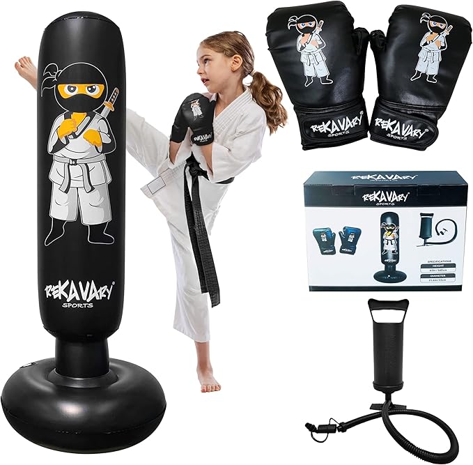 Photo 1 of 'Punching Bag for Kids - 5' 3'' TALL and STABLE - Ninja Kids Inflatable Punching Bag COMBO Kit with Kids Boxing Gloves, a Pump and Repair Kit. Boxing Bag for Immediate Bounce Back'
