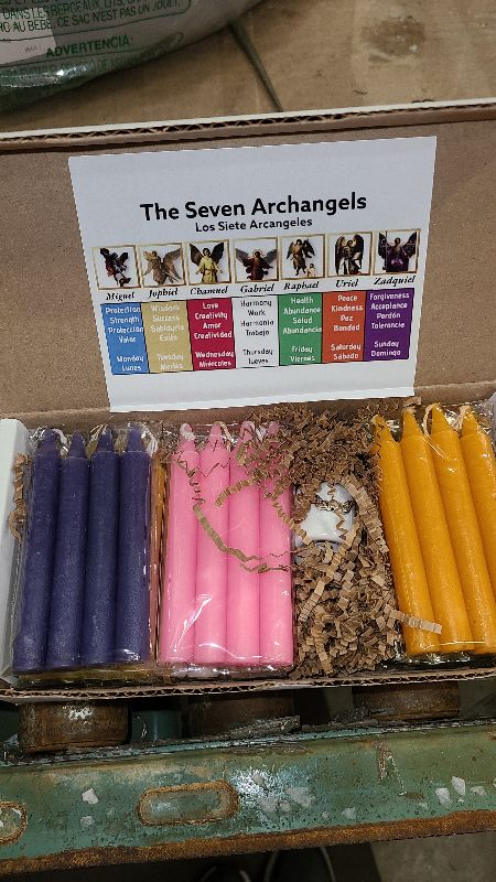 Photo 1 of 28 Day Chime Candle Set. Spell Wishing Mini Taper Candles, 4" x 0.5" (4cm x 1.2cm). Perfect for Archangels Prayers. 1 for Each Day of The Week x 4 Weeks & 1 Ceramic Candle Holder. (Angel Wings)