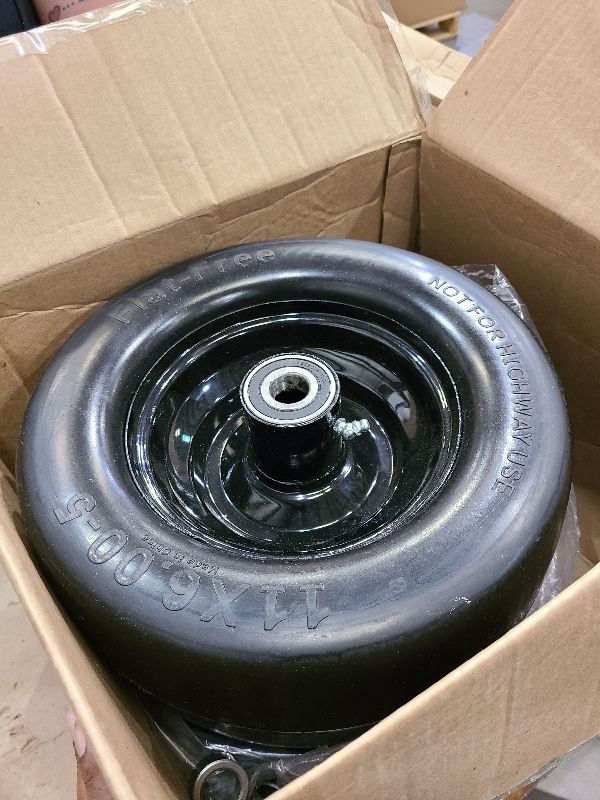 Photo 1 of 2PCS 11x6.00-5 Flat Free Tire and Wheel with 1/2" & 3/4" & 5/8" Precision Bearings and 5.8"-10.4" Centered Hub, Black Front Zero-Turn Smooth Tire Replacement for Riding Lawn Mowers Garden Tractor