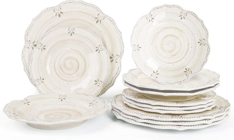 Photo 1 of *****MISSING PLATES*****Dinnerware Sets 12 pcs Plates and Bowls Sets Melamine Plates Indoor and Outdoor use French Court Style Dish Set Plate Set for 4 Dishwasher Safe?White?