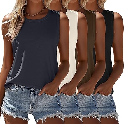 Photo 1 of ***Only 3***
Ficerd 4 Pack Women's Sleeveless Tops, Casual Summer Loose Fit T Shirts Solid Color Tunic Tank Tops Ladies' Crew Neck Tee, S