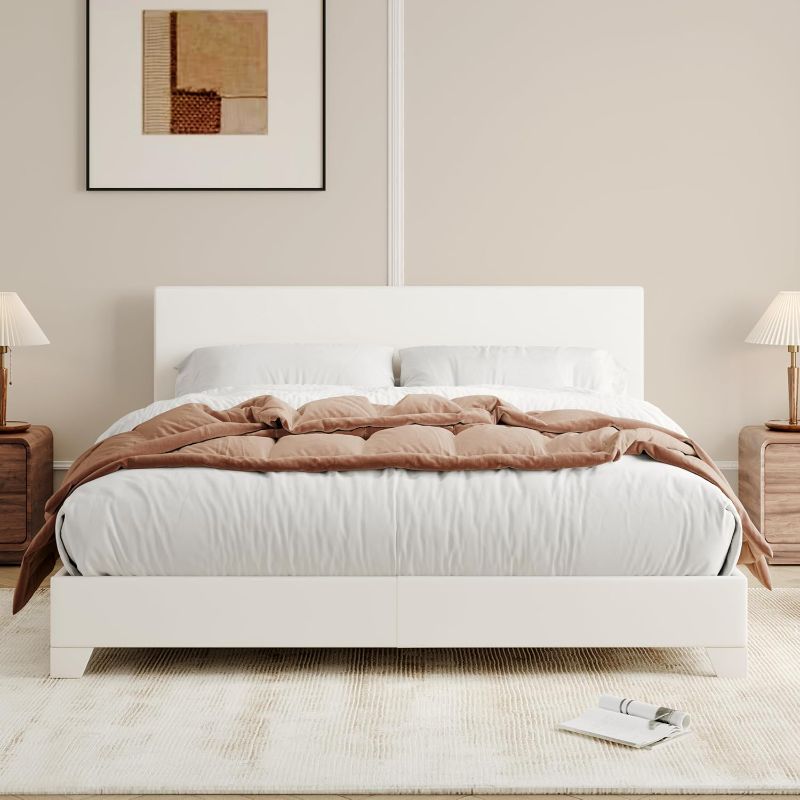 Photo 1 of ** SIMILAR IMAGE UNKNOWN SIZE OR MODEL OR MISSING PARTS***Allewie Queen Size Bed Frame with Adjustable Headboard, Faux Leather Platform Bed with Wood Slats, Heavy Duty Mattress Foundation, No Box Spring Needed, Noise-Free, Easy Assembly, White