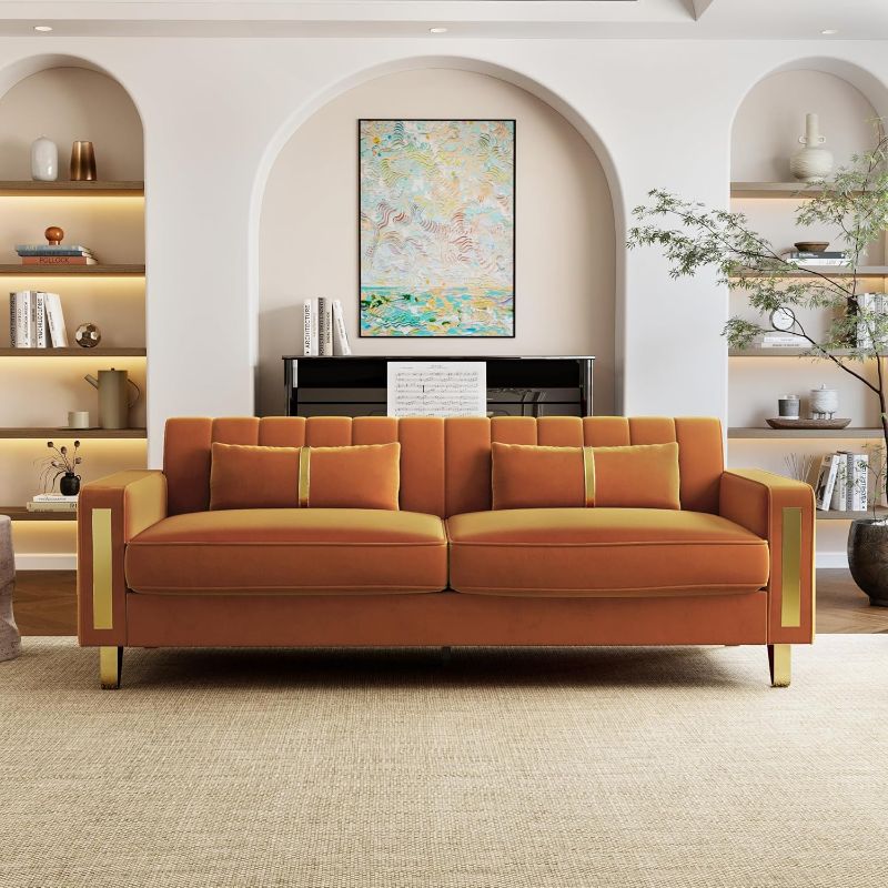 Photo 1 of *** SIMILAR IMAGE UNKNOWN SIZE OR MODEL INCOMPLETE SET** Loveseat Couch for Living Room, 86" Orange Velvet Sofa Couch with 2 Pillows & Gold Metal Legs, Modern Upholstered Sofa Love Seat Sectional Couches for Apartment Home Office