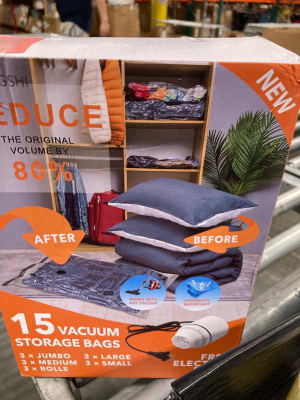 Photo 1 of **NO INCLUDE PUMP**15 Pack Vacuum Storage Bags with Electric Pump (3 Jumbo, 3 Large, 3 Medium, 3 Small, 3 Roll Up), Plastic Packaging Bags,Space Saver Sealer Bag for Blankets, Comforters, Pillows, Clothes Storage
