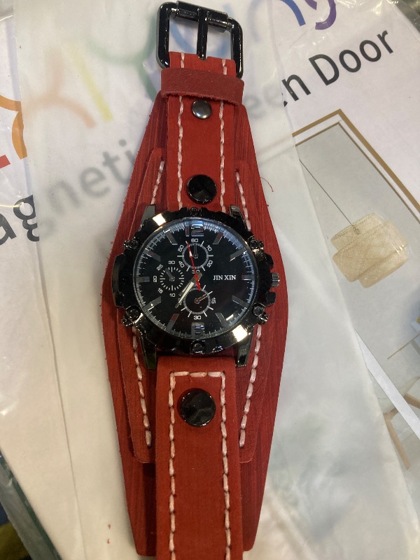 Photo 1 of **DAMAGE**JewelryWe Wide Leather Cuff Watches: Mens Steampunk Round Quartz Hip Hop Leather Wristwatches