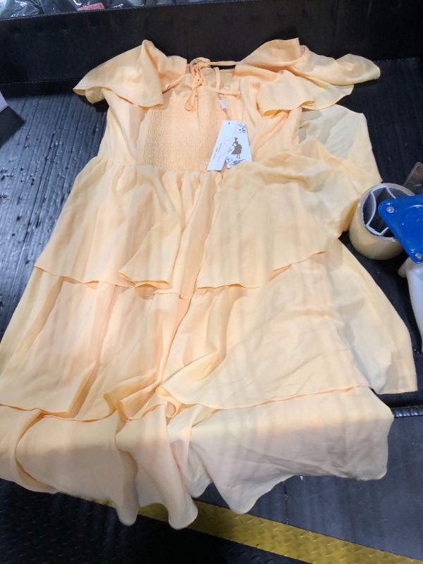 Photo 1 of ***RETAIL $49.99***Belle Poque Women's Square Neck Tiered Ruffle Dress 2025 Summer Vintage Short Sleeve Layered A-line Swing Midi Dress