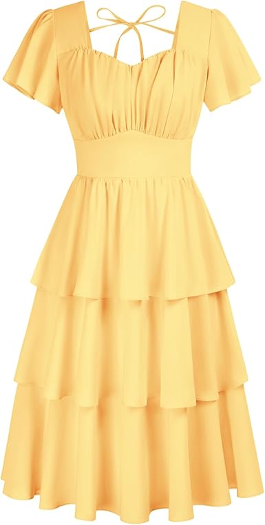 Photo 1 of ***RETAIL $49.99***Belle Poque Women's Square Neck Tiered Ruffle Dress 2025 Summer Vintage Short Sleeve Layered A-line Swing Midi Dress