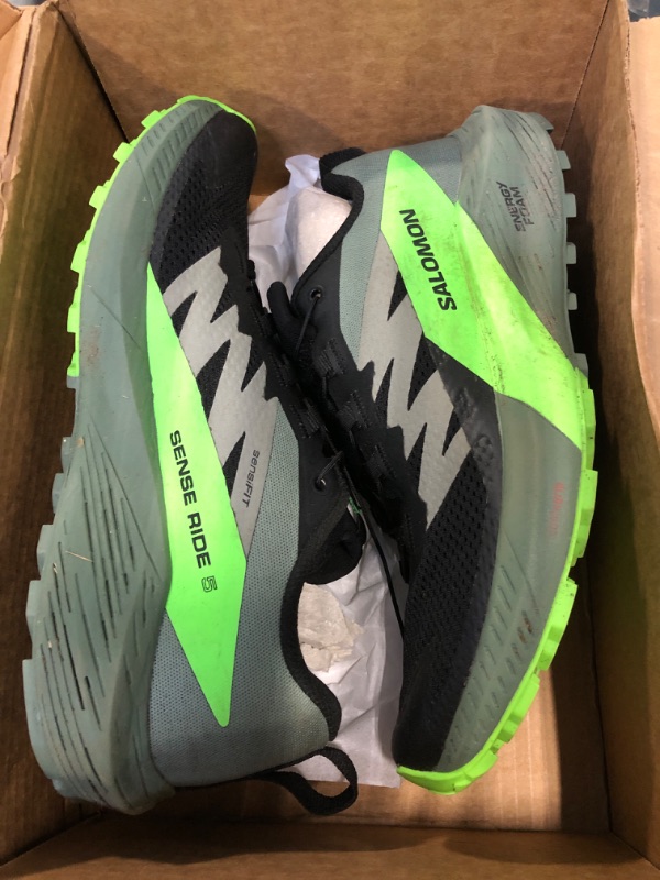 Photo 1 of ***dirty***used***Salomon Men’s Sense Ride 5 Trail Running Shoes - Black / Laurel Wreath / Green Gecko - 8.5