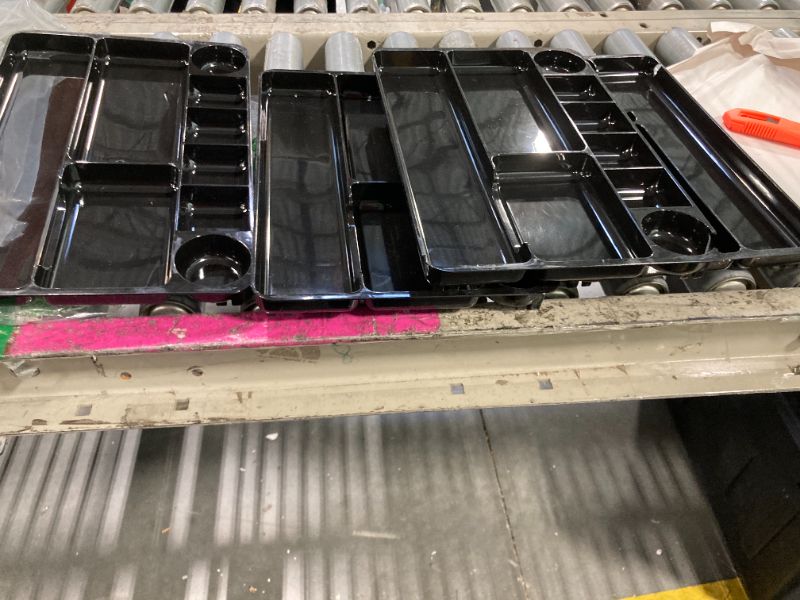 Photo 1 of ***4 TRAY *****1InTheOffice Plastic Desk Drawer Organizer Tray, Desk Drawer Tray, Drawer Organizer, 9 Compartment, Black, 4 Pack