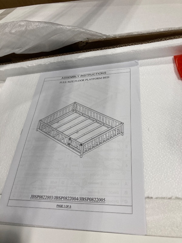 Photo 1 of ** NEW / INCLUDED MANUAL AND HARDWARE** Harper & Bright Designs Floor Bed Full Size Montessori Bed Frame with Fence and Door, Wooden Full Platform Bed for Kids, Boys Girls, Slats Included, No Box Spring Needed, White