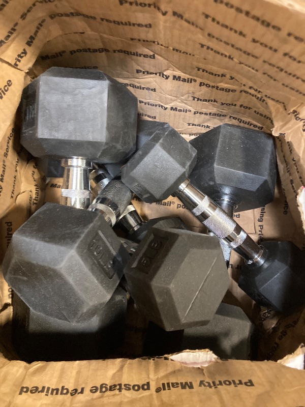 Photo 1 of ** USED** Fitvids Hex Dumbbells Rubber Coated Hand Weights Set for Exercises and Fitness, Including 5lb, 10lb, 15lb Pair Set