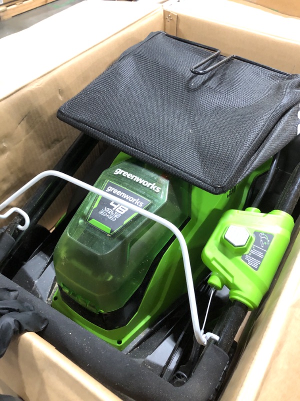 Photo 1 of ** VERY USED/ TESTED  INCLUDES ACCESSORIES: CHARGER AND TWO BATTERIES ** Greenworks 48V (24V x 2) 17" Cordless (Push) Lawn Mower (125+ Compatible Tools), (2) 4.0Ah Batteries and Dual Port Rapid Charger Included