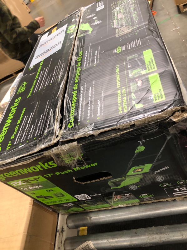 Photo 1 of ** VERY USED/ TESTED  INCLUDES ACCESSORIES: CHARGER AND TWO BATTERIES ** Greenworks 48V (24V x 2) 17" Cordless (Push) Lawn Mower (125+ Compatible Tools), (2) 4.0Ah Batteries and Dual Port Rapid Charger Included