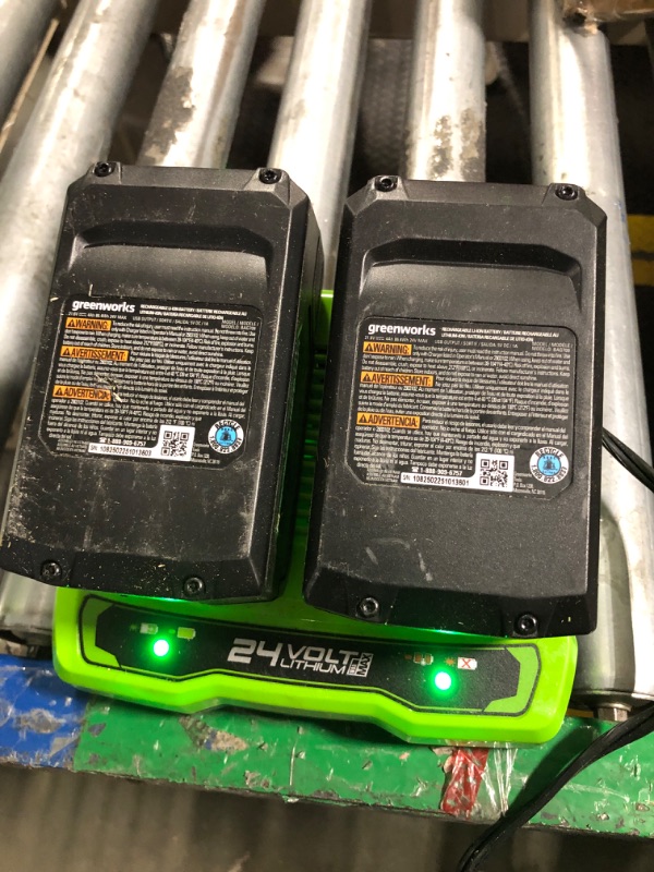 Photo 1 of ** VERY USED/ TESTED  INCLUDES ACCESSORIES: CHARGER AND TWO BATTERIES ** Greenworks 48V (24V x 2) 17" Cordless (Push) Lawn Mower (125+ Compatible Tools), (2) 4.0Ah Batteries and Dual Port Rapid Charger Included