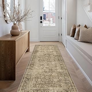 Photo 1 of  Washable Area Rug Brown Vintage Neutral Distressed Large Non Slip Carpet for Living Room Bedroom Soft Low Pile Indoor Mat Retro Floral Throw Rug for Dining Room Kitchen Office Nursery 