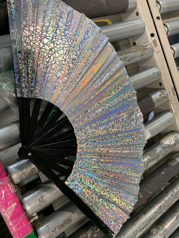 Photo 1 of ****MISSING THE BAG**** Onekka 13 Inch Large Rave Fan & Clack Fan for Line Dancing - Folding Hand Fan with UV Glow for Boots on The Ground, Performance, Wedding, Party - Portable Handheld Fan for Women & Men