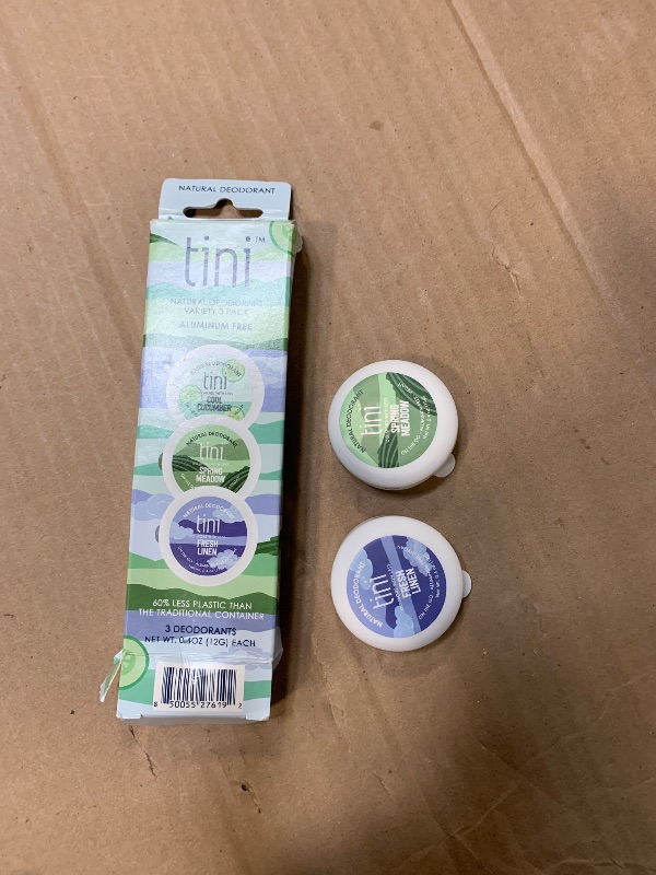 Photo 1 of ***MISSING PART***
Tini Naturals Mini Travel Size Deodorant Trio Variety Pack, Aluminum Free Shea Butter & Coconut Oil Deodorant, Fresh Linen, Cool Cucumber and Spring Meadow Scents, 0.4 oz each (3 Pack)