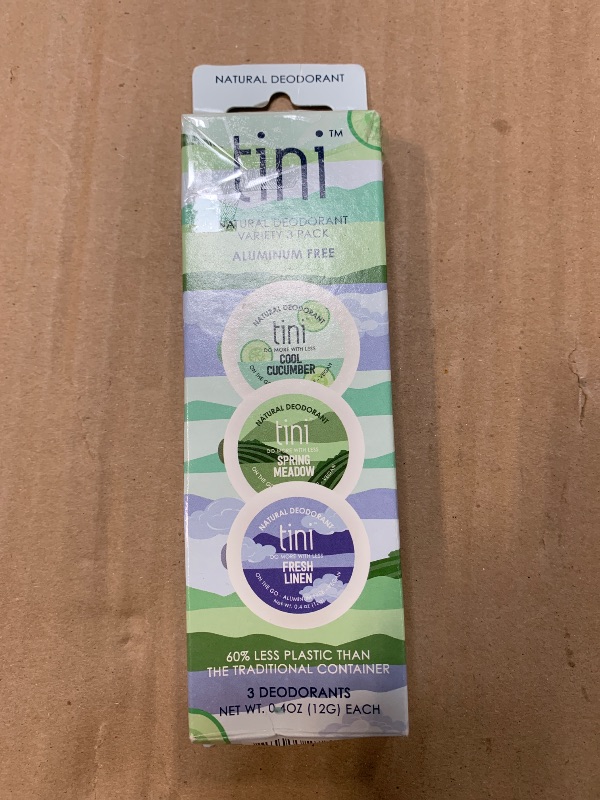 Photo 1 of ***MISSING PART***
Tini Naturals Mini Travel Size Deodorant Trio Variety Pack, Aluminum Free Shea Butter & Coconut Oil Deodorant, Fresh Linen, Cool Cucumber and Spring Meadow Scents, 0.4 oz each (3 Pack)