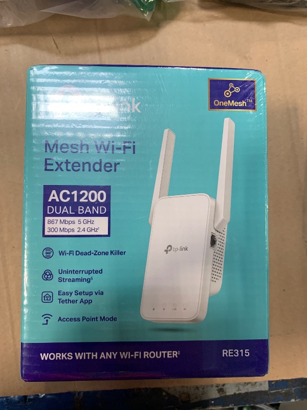 Photo 1 of ** NEW FACTORY LEASED **TP-Link AC1200 WiFi Extender, 2025 Wirecutter Best WiFi Extender, 1.2Gbps Home Signal Booster, Dual Band 5GHz/2.4GHz, Up to 1600 Sq.ft and 32 Devices, EasyMesh Compatible, One Ethernet Port (RE315)