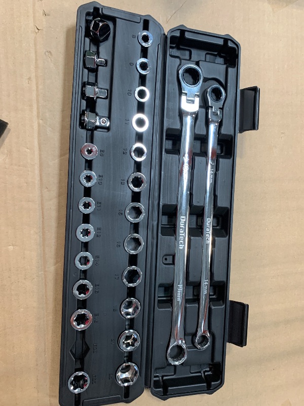 Photo 1 of ** 26 PCS ** DURATECH 27PCS Extra Long Flex Head Ratcheting Wrench Set, 8-22mm, Double Box End Ratchet Wrench Set with E-type 8-22mm Replacement Heads, 10x19mm, 1/4", 3/8", 1/2" Socket Adapters