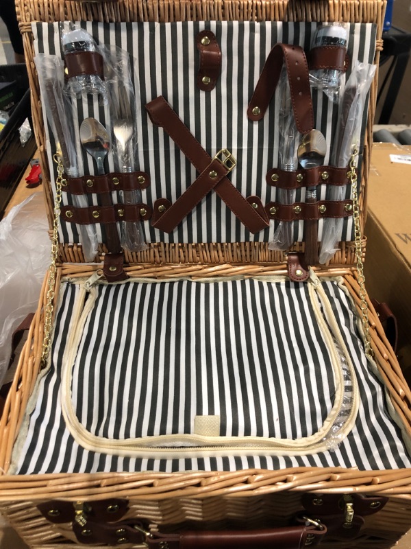 Photo 1 of ***** MISSING PLATES****** Picnic Basket with Blanket and Wine Pouch for 2 Wicker Picnic Set with Insulated Liner Cooler Bag Hamper for Camping,Wedding - Stripes