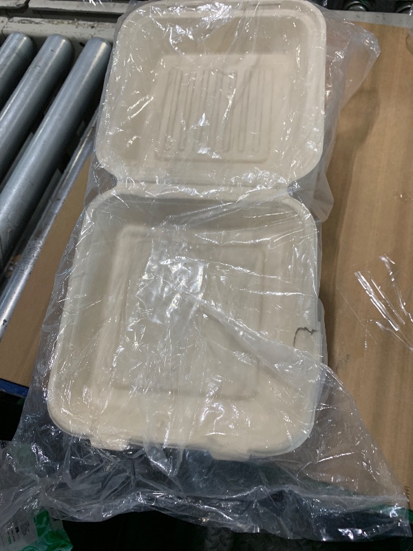 Photo 1 of [50 COUNT]Harvest Pack PFAS FREE 8 X 8" Compostable Clamshell Food Containers, Heavy-Duty to go Hinged Container, Disposable Bagasse Eco-Friendly Natural Takeout to go Box, Made from Sugarcane