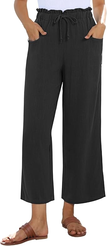 Photo 1 of Wide Leg Linen Pants for Women Summer Capri Palazzo Flowy Pants Casual Loose High Waist Trousers with Pockets