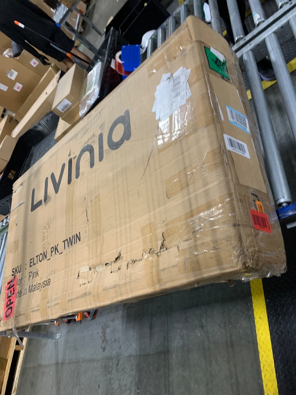 Photo 1 of *** PARTIAL SET 1 OF 2*** Livinia Twin Size Elton Velvet Platform Bed, Upholstered Bed Frame with Vertical Channel Tufted Headboard Footboard, Strong Wood Slats, No Box Spring Needed, Pink (Twin)