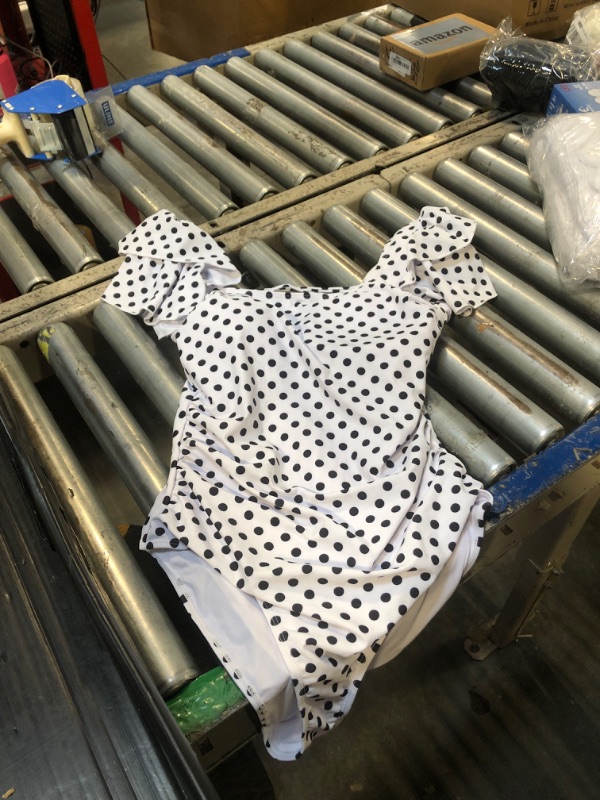 Photo 1 of  SIZE LARGE Eomenie Women's Tummy Control One Piece Swimsuit Ruffle Square Neck Bathing Suit Ruched Cutout Back Slimming Swimwear Black Polka Dots