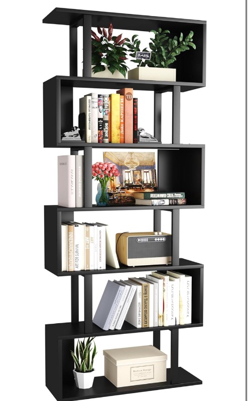 Photo 1 of *** SIMILAR IMAGE UNKNOWN MODEL INCOMPLETE SET***Yusong S Shaped Bookshelf, Modern Geometric Bookcase, 6-Tier Black Display Case Book Shelf