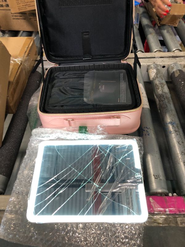 Photo 1 of ***CRACKED MIRROR***JUSRON Travel Makeup Bag With LED Mirror, Train Case with Light up Mirror, Portable Makeup Artist Organizer Bag with Adjustable Dividers, Makeup Brush Holder Storage (Pink, Large)