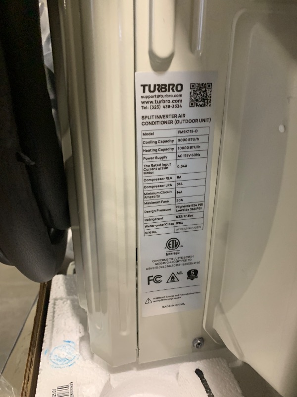 Photo 1 of ** MISSING BOX 2/2** TURBRO 9,000 BTU Ductless Mini Split AC with Heat Pump, Inverter Compressor, 19 SEER2, 115V, R32 Refrigerant, Pre-charged Evaporator, WiFi-Enabled, Works with App, AHRI Certified, Finnmark Series