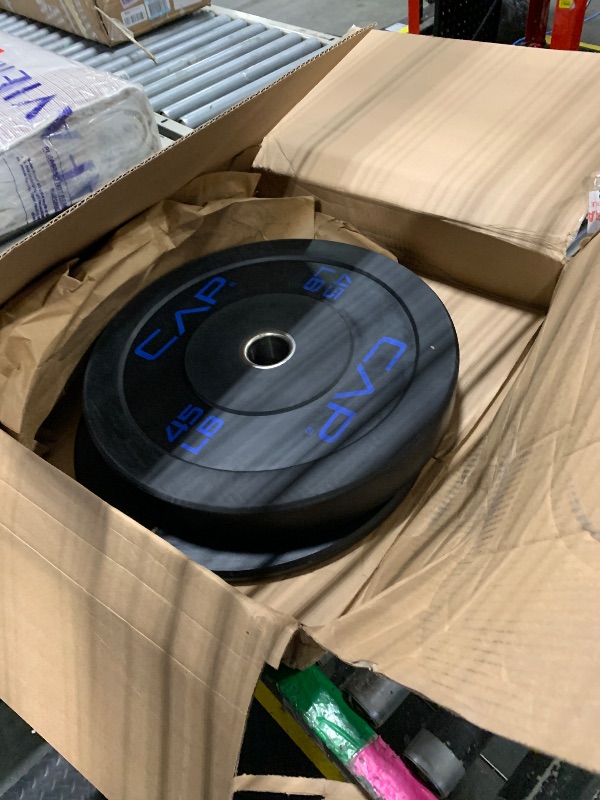 Photo 1 of ***Only 1 45 LB Plate and 1 10 LB Plate***  CAP Barbell 260 LB Economy Olympic Bumper Plate Set with Color Logo | Black
