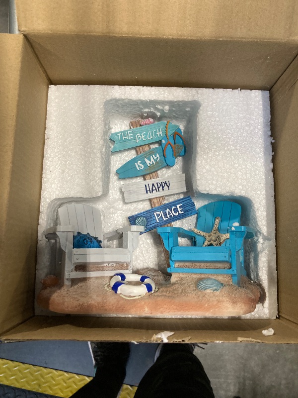 Photo 1 of ***broken sign***Wonderjune Beach Chair Resin Figurine 7x7 Inch Nautical Summer Decor with Adirondack Chairs and Sign Blue Beach House Tabletop Decoration for End Table Mantle or Housewarming Gift(Coastal)