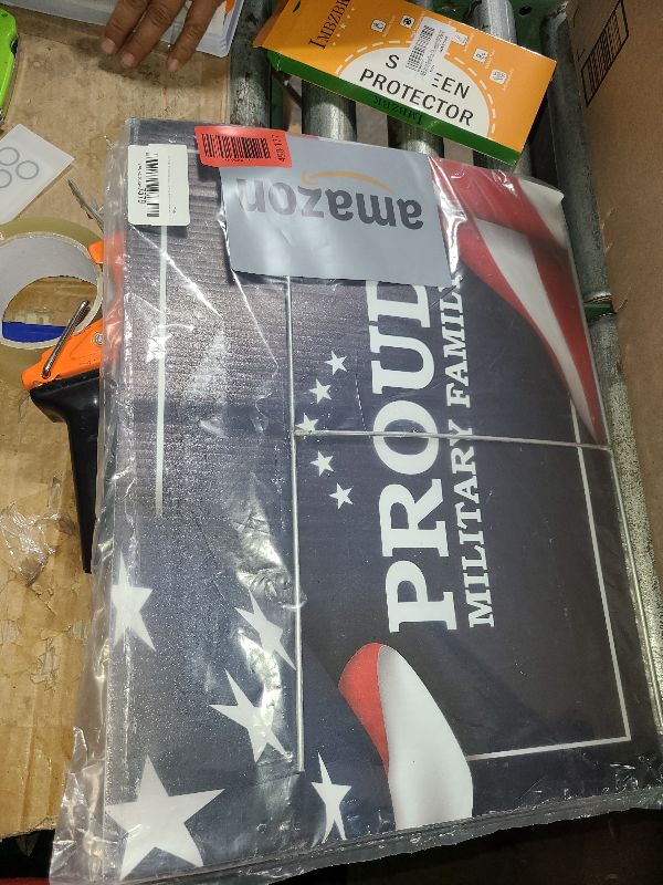 Photo 1 of 18x14 Proud Military Family Yard Sign - Double Sided, Navy Blue with American Flag Design, Includes 15" H-Stake