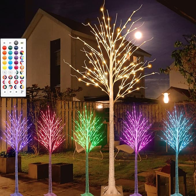 Photo 1 of **MSRP 79.99**  6FT Lighted Birch Tree for Christmas Decor, 35 Colors Birch Tree with 120 LED Lights Color Changing, White Trees with Pink Green Lights Remote Timer for Home Holiday Party Indoor Outdoor Decor
