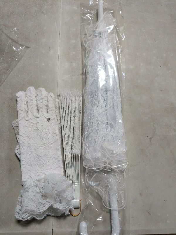 Photo 1 of  White Lace Parasol Vintage Wedding Bridal Umbrella Parasol Lace Gloves Handheld Folding Fan Embroidery Umbrella Set for Wedding Bride Tea Party Halloween Costume Party Decoration
