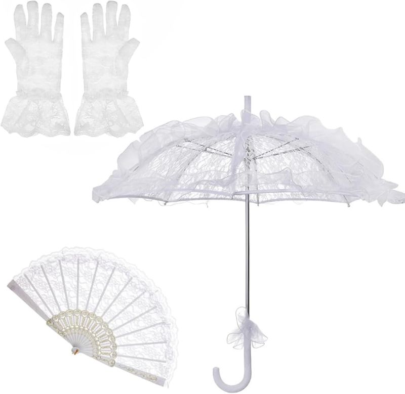 Photo 1 of  White Lace Parasol Vintage Wedding Bridal Umbrella Parasol Lace Gloves Handheld Folding Fan Embroidery Umbrella Set for Wedding Bride Tea Party Halloween Costume Party Decoration
