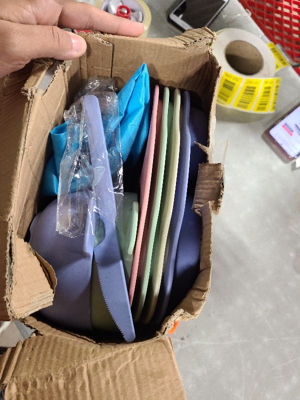 Photo 1 of 24 Pcs Wheat Straw Dinnerware Sets BPA Free Lightweight Bowl Reusable Dinner Plates Microwave Dishwasher Safe Cup Portable Spoon Knife Fork Dinnerware for Kids Aldult Home School Office Picnic Travel