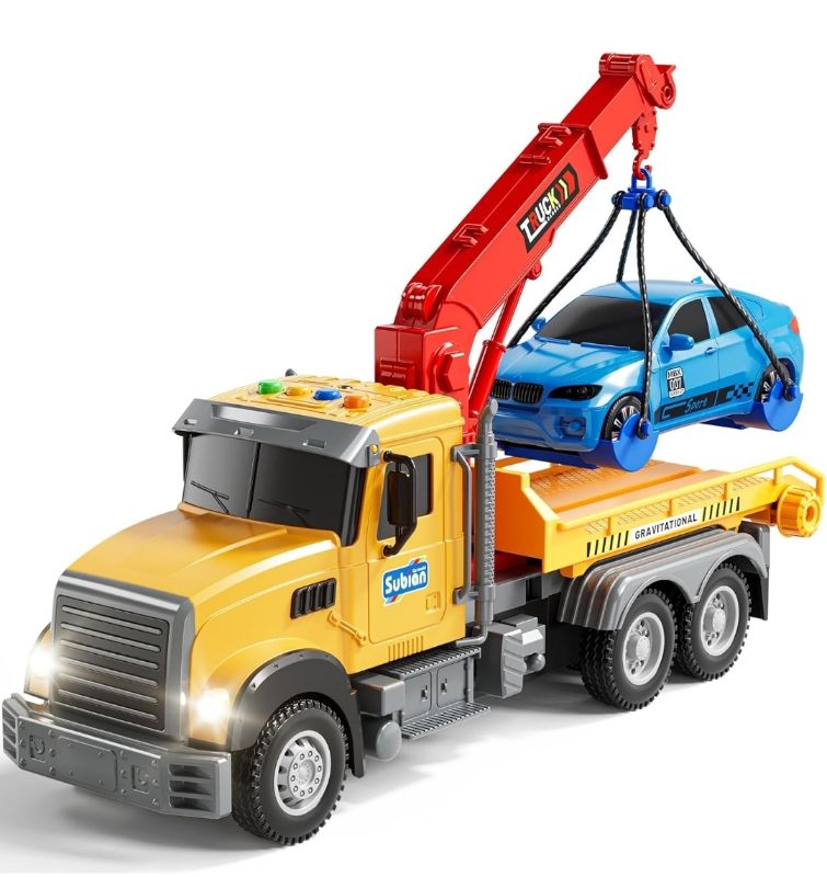Photo 1 of  Kids Tow Truck Toys for 3 4 5 6 7 Years Old Boys, Toddler Car Toys, Large Truck with 2 Transformation Cars and Multi-Functional Trailer, Crane with Lights and Sounds, Birthday Gifts