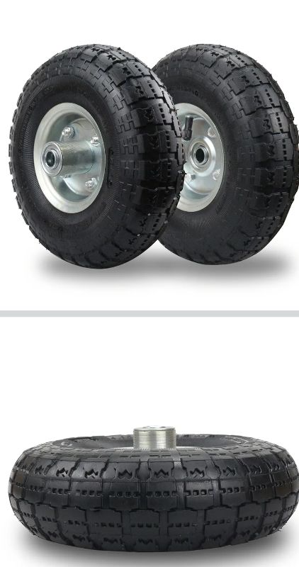 Photo 1 of 2 Pack) RRQ 10 Inch Pneumatic Wheel 4.10/3.50-4 Tire, 10" Pneumatic Wheels with 5/8" Bearings,2.2" Offset Hub for Garden Cart, Hand Truck, Lawn Cart, Mower