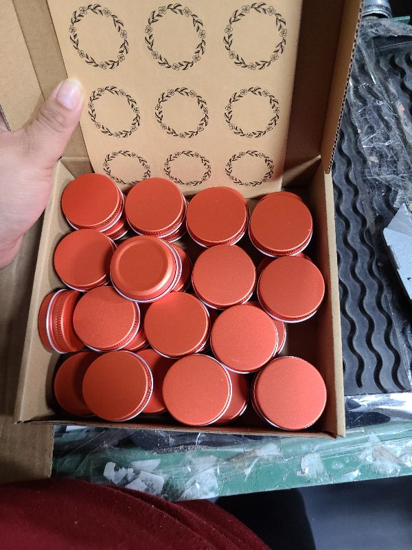 Photo 1 of 0.5 oz Screw Top Aluminum Tin Jar with Screw Lid and Blank Labels (Orange - Pack of 32)