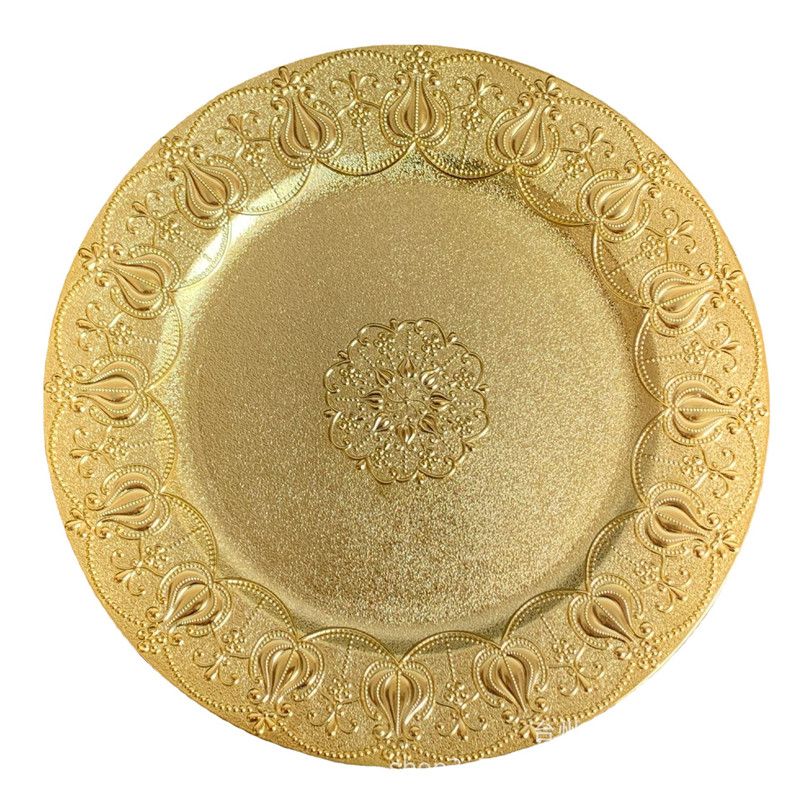 Photo 1 of 100 Pcs Gold Round Charger Plates Bulk, 13 Inch Antique Charger Plate Set Plastic Embossed Dinner Plate Reusable Plates for Table Setting Wedding Party (Gold)