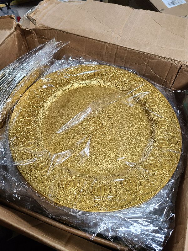 Photo 1 of 100 Pcs Gold Round Charger Plates Bulk, 13 Inch Antique Charger Plate Set Plastic Embossed Dinner Plate Reusable Plates for Table Setting Wedding Party (Gold)