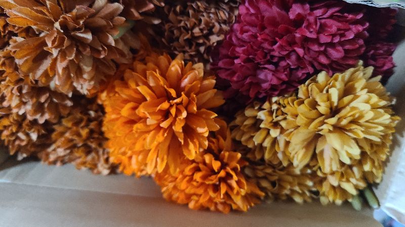 Photo 1 of 12 Pcs Artificial Fall Flowers Faux Mums Burnt Orange Flowers Assorted Fake Silk Mums Chrysanthemums Bouquet Fall Marigold for Vase Table Floral Arrangement for Wedding Home Outdoor Autumn Decorations