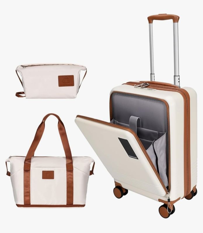 Photo 1 of 20 inch Small Carry On Luggage Front Open with Laptop Pocket, ABS+PC Hard Shell Suitcase with Spinner Wheels TSA Lock & YKK Zipper, 20in/Toiletry Bag/Handbag, Apricot Off White