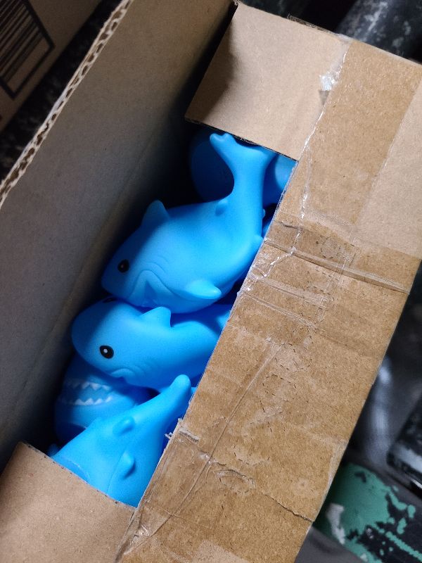 Photo 1 of 25 Pcs Rubber Sharks for Kids, Blue Shark Bath Toys Cute Floating Squeaky Mini Rubber Sharks for Shower, Classroom Carnival Prizes, Cake Decoration